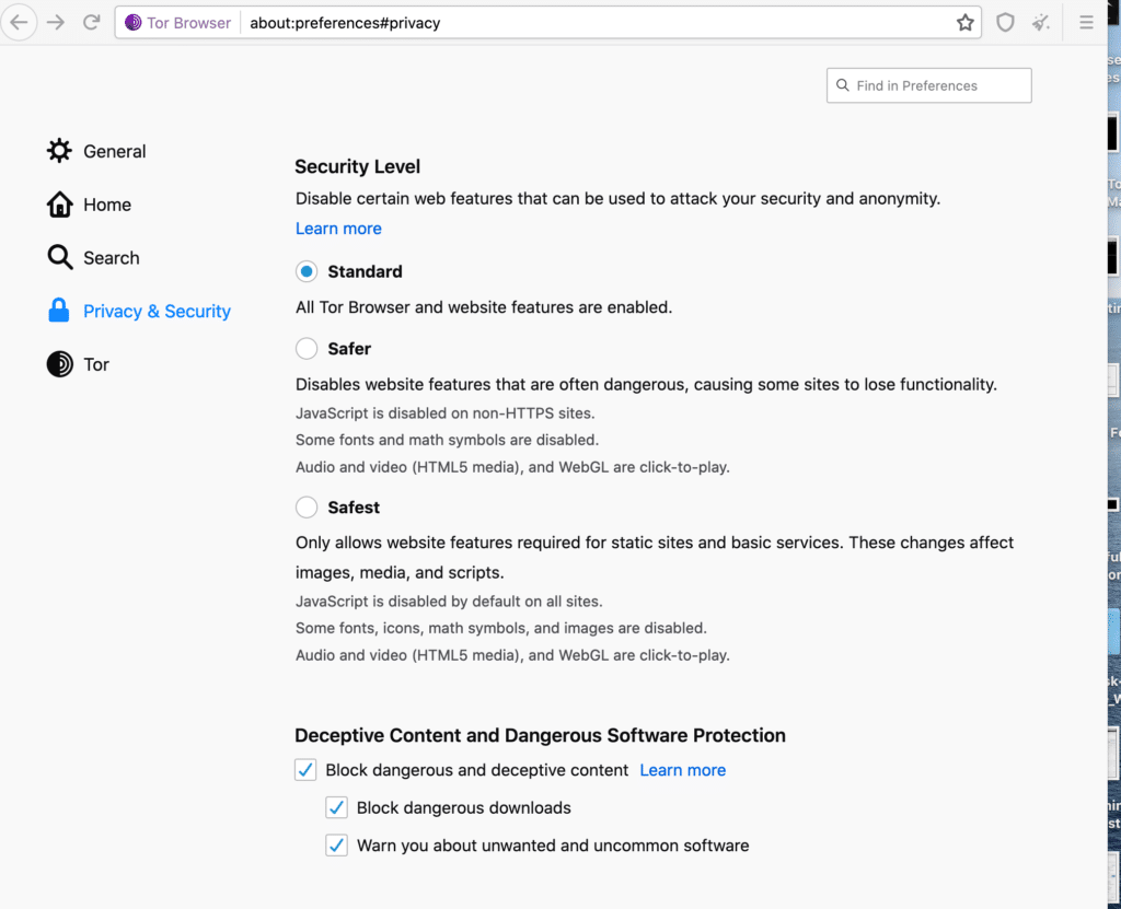 Tor Security Setting Configuration
