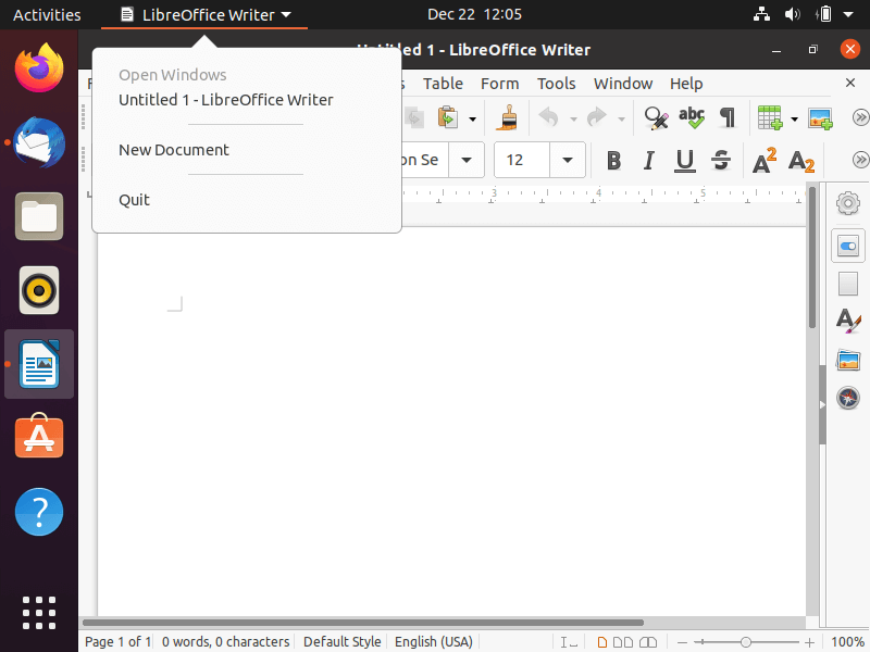 Application menu Gnome Desktop Environment